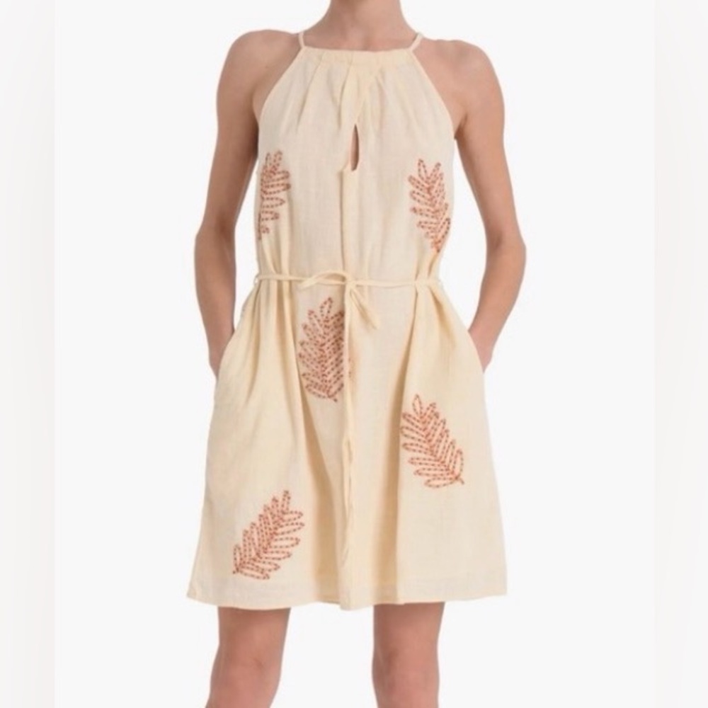 Ciebon - Kai Leaf Embroidery Tie Waist Sleeveless Dress -size M
